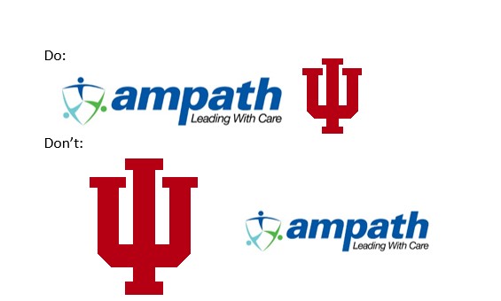 AMPATH and IU logos shown as the same size as a good example and as very different sizes as a bad example.
