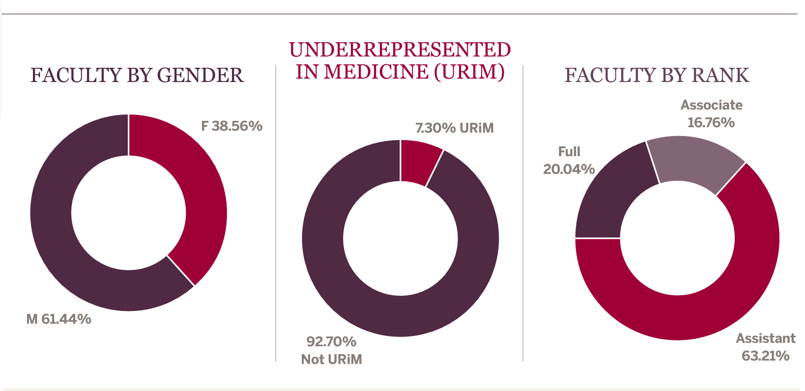 Three round graphs showing statistics from the Department of Medicine