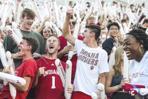 Students cheer during the Traditions and Spirit of IU at Memorial Stadium.
