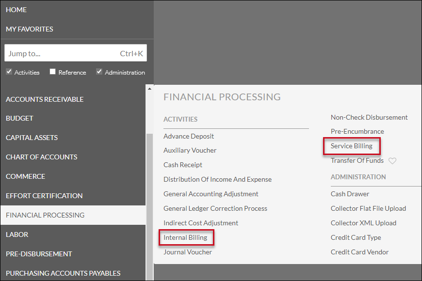Image where the Financial Processing module in KFS was clicked. From there, one can find the Internal Billing and Service Billing-if access has been granted- sections under Activities within this tile.