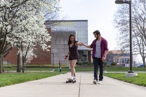 Students on campus near Wood Fountain at IU Indianapolis.