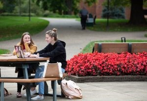 Students studying outside at IU Southeast.