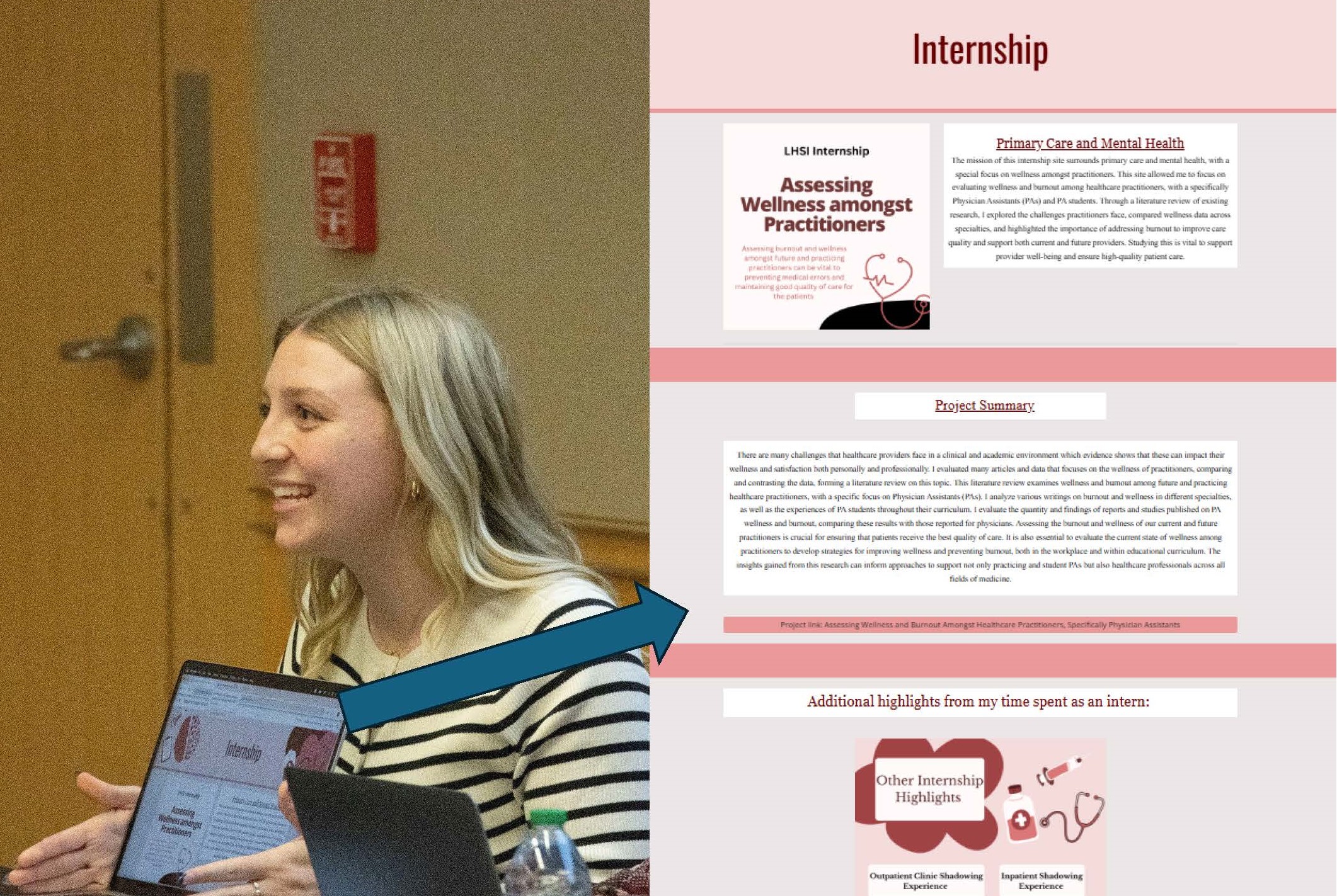 Intern presenting ePortfolio from laptop on the left with closer image of ePortfolio page to the right