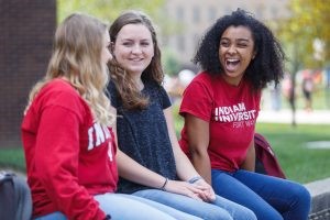 Students chatting in the courtyard at Indiana University Fort Wayne.