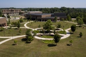 Aerial view of Springwood Hall on the Indiana University East campus.