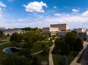 Image of the Herman B. Wells Library and the Cox Arboretum at IU Bloomington.