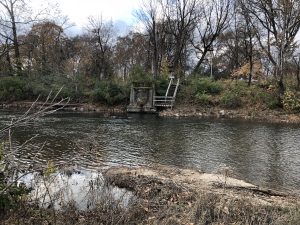 Photograph of a creek with the bank in the foreground and on the far side of the creek is a wooded embankment with wooden stairs leading down to a sewar discharge outfall emptying into the creek.