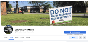 Screenshot of the Calumet Lives Matter Facebook page showing grass with a sign reading "Do not play in the dirt or around the mulch. EPA." with buildings in the background.