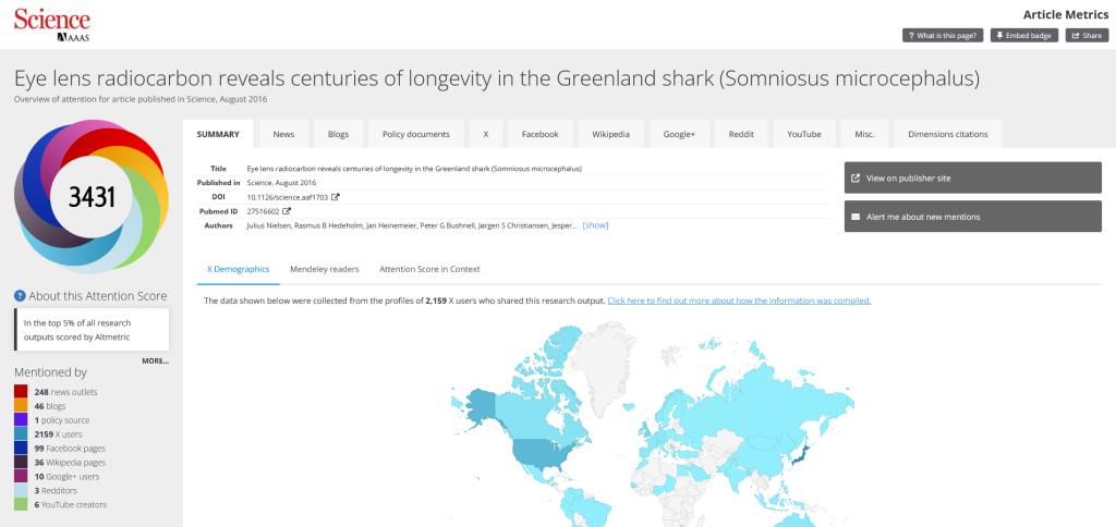 Screenshot of altmetrics for Bushnell article