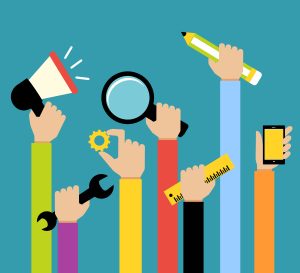 Business human hands with megaphone wrench gear tools flat  illustration