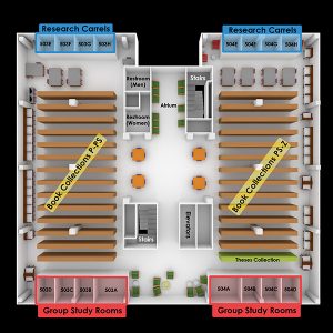 A picture of the 5th floor of the library. It shows that books with call numbers that start with the letters P through Z are shelved there.