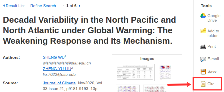 A screenshot of a journal article in EBSCO with the "Cite" tool highlighted on the right menu