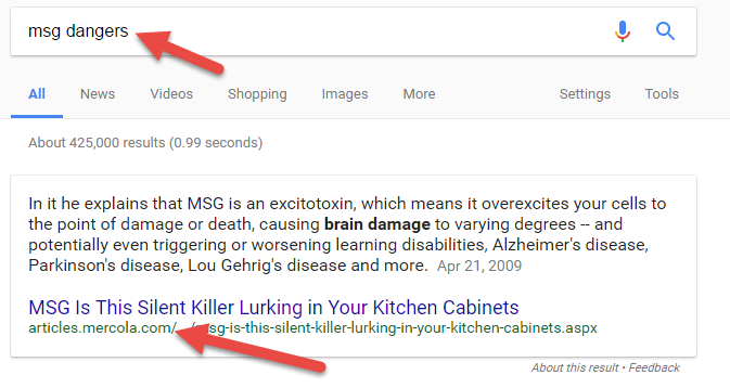 Google search result for “msg dangers” in which a knowledge panel brings up Mercola, which claims that msg causes brain damage, such as Alzheimer’s disease and learning disabilities.