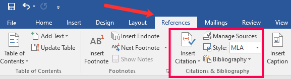 A screenshot of Microsoft Word's toolbar showing the citation tool