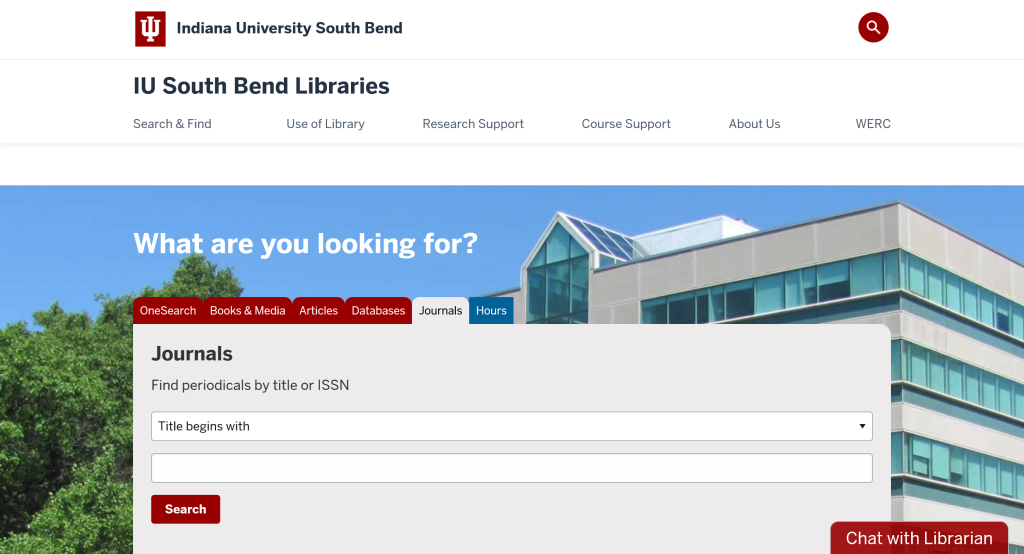Screenshot of library homepage, with the journal search tab highlighted in grey.