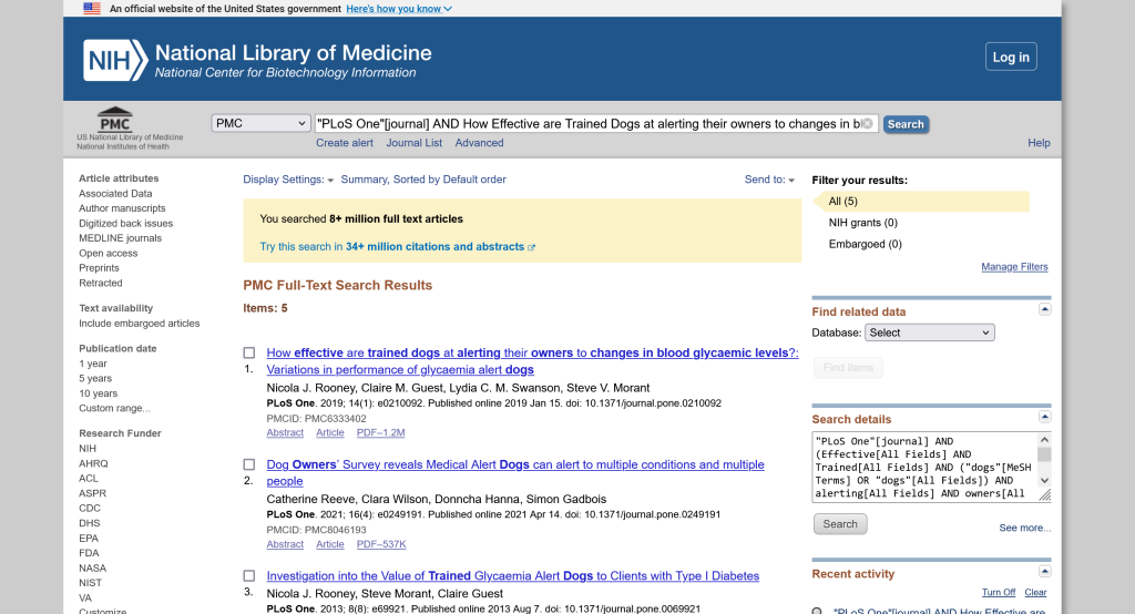 Screenshot of PLoS One search page in pubmed. Shows results for search by article title.
