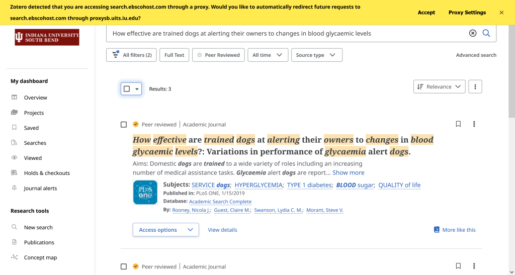 Results from an article title search in One Search. Includes the "access options" button.