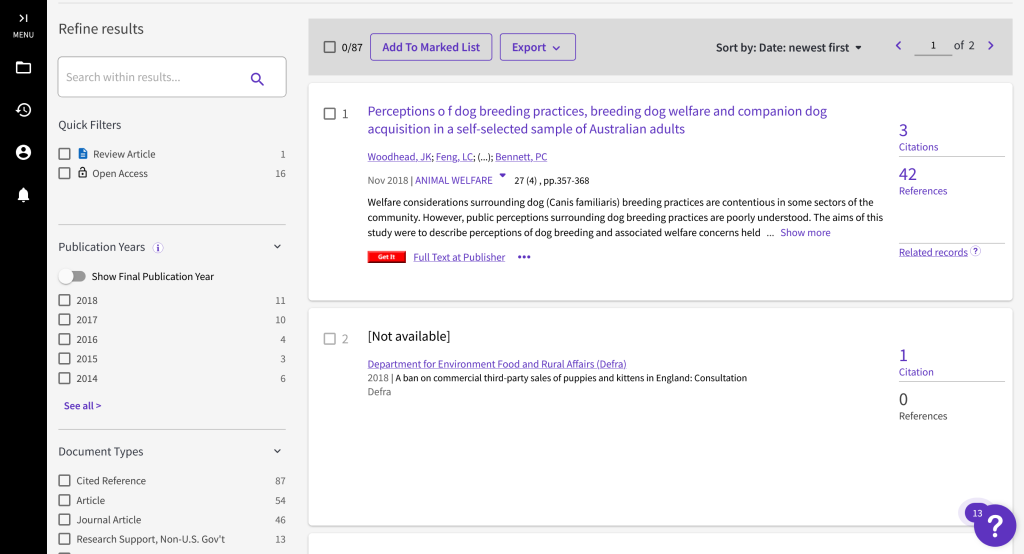 Screenshot of Web of Science article references, note the red "get it" button at the end of the citation.