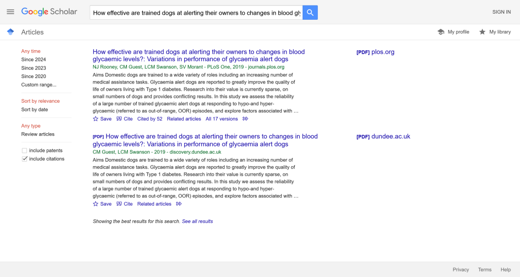Screenshot of google scholar search results