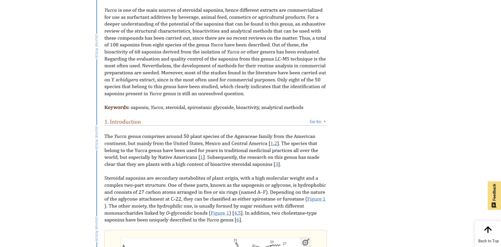 Screenshot of article in pubmed about yucca plants. Keywords are featured below the abstract.