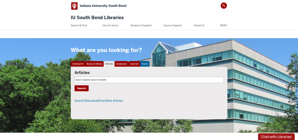 Photo of IUSB Library Homepage. Shows the tabbed menu for finding books and library databases