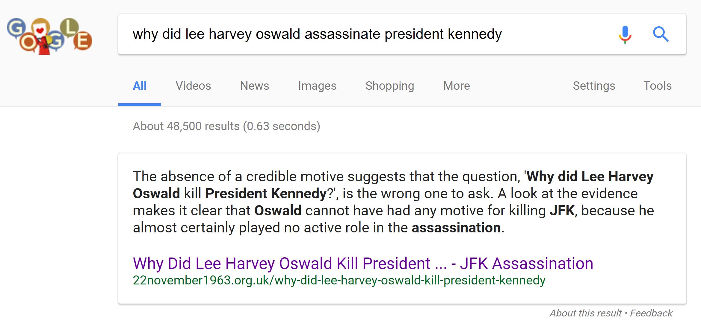 Google search result for “why did lee harvey oswold assassinate president kennedy” in which a knowledge panel pulls text from a site claiming that Oswold did not assassinate President Kennedy.