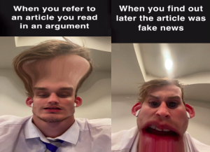 Meme with a man with a distored large forehead and the caption "When you refer to an article you read in an argument." With a split screen with the same man with a small forehead and jaw dropped with the caption "When you find out later the article was fake news."