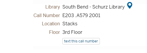 Call number E203 .A579 2001 and Stacks location from the online catalog