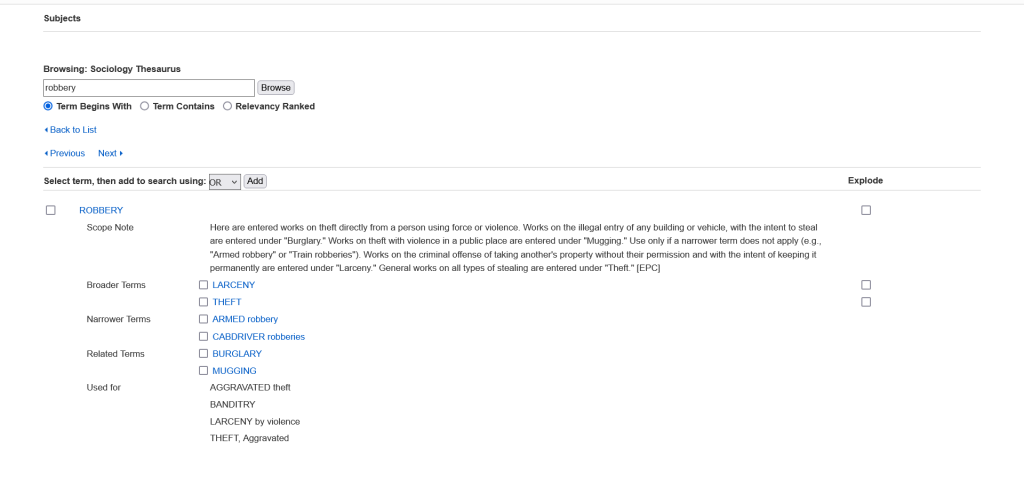 Screenshot of definition of term robbery in SocIndex Full Text