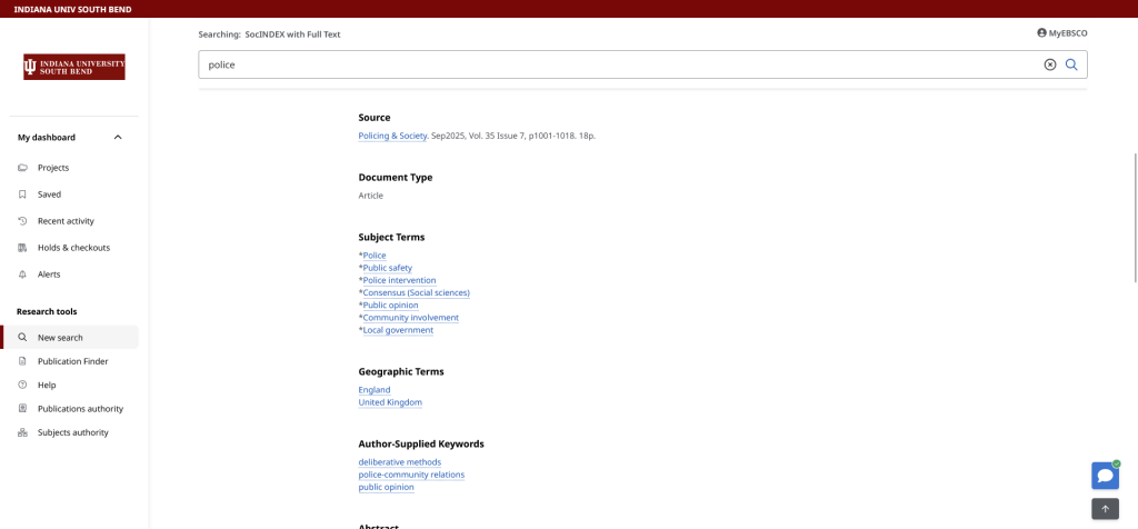 Screenshot of keywords in article abstract in SocIndex Full Text database