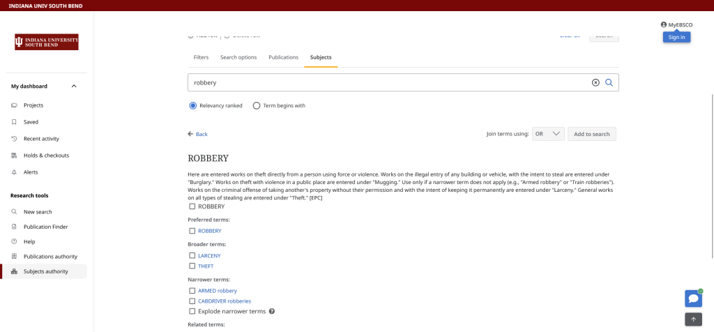 Screenshot of subject authority for term "robbery" in SocIndex Full Text database.