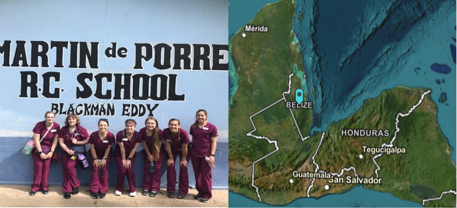 A photo of a group of people posing in front of a wall next to a photo of a map of Belize.