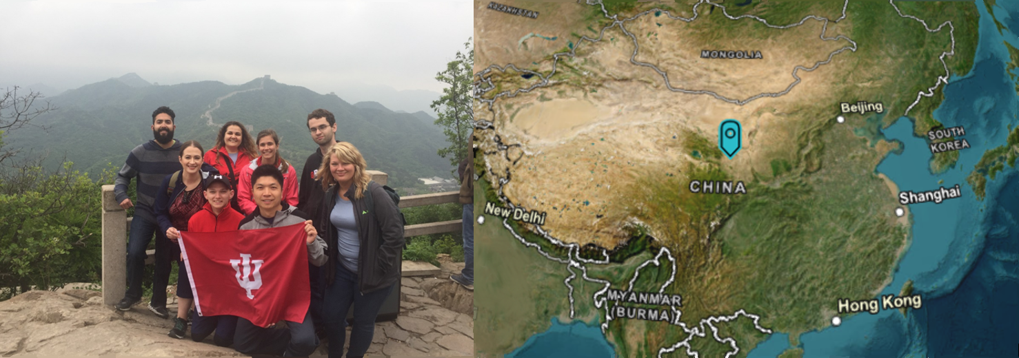 Photo of a group of people posing with an "Indiana University" flag next to a photo of a map of China.