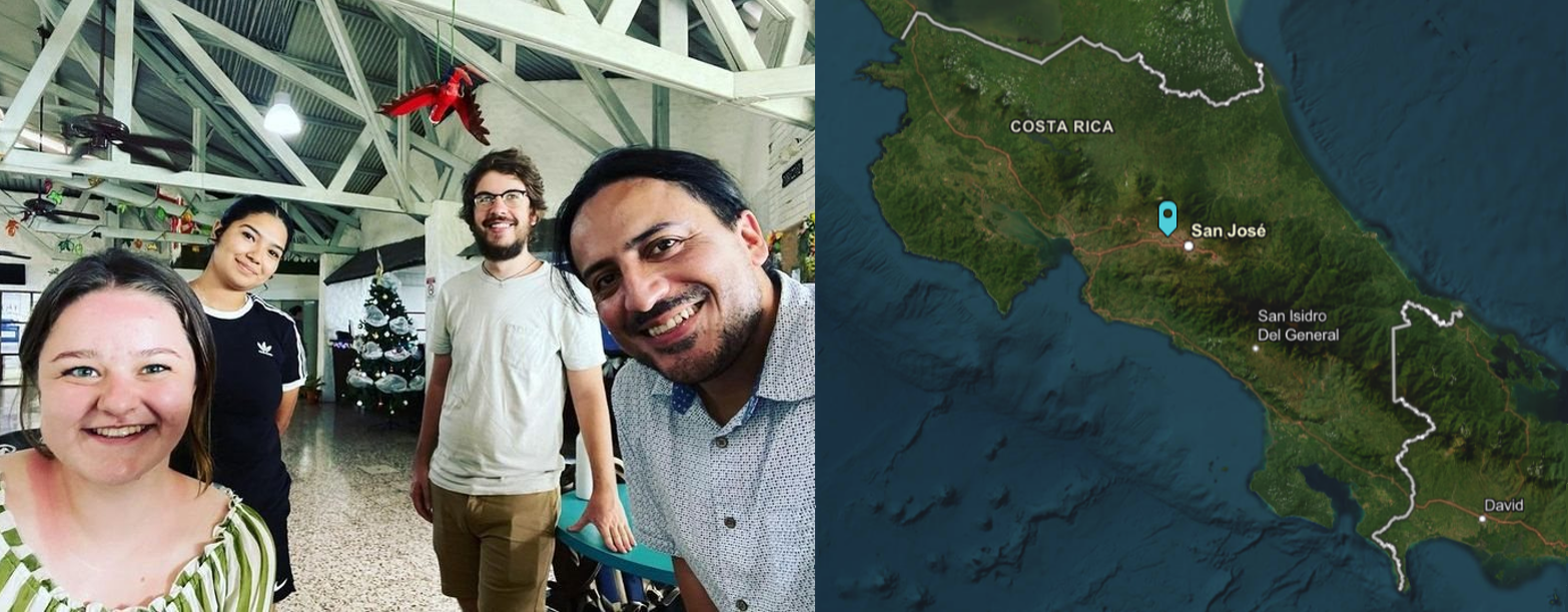 Photo of students and professor in Costa Rica next to a map of Costa Rica.