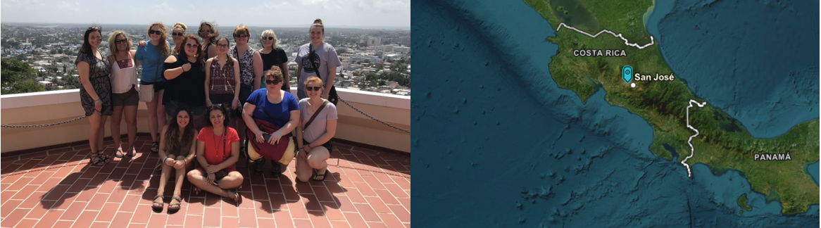 Image of a group of people posing on a balcony next to a map of Costa Rica.