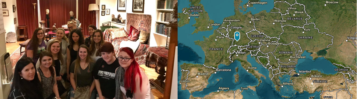 Photo of a group of people posing in a living room next to a photo of a map of Europe.