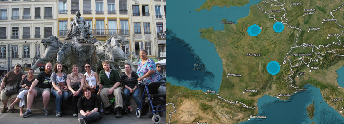 A photo of a group of people posing in front of a fountain next to a map with places students visited marked.