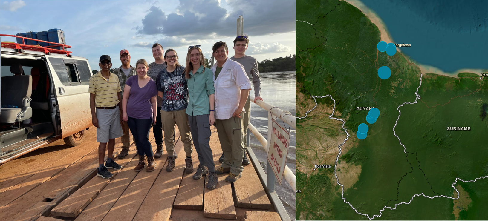 Image of Students and professors on a ferry crossing the Essequibo River in Guyana next to a map of Guyana marked where students visited.