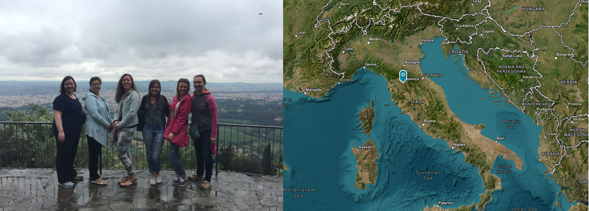 A photo of a group of people posing on a balcony next to a map of Italy with places students visited marked.