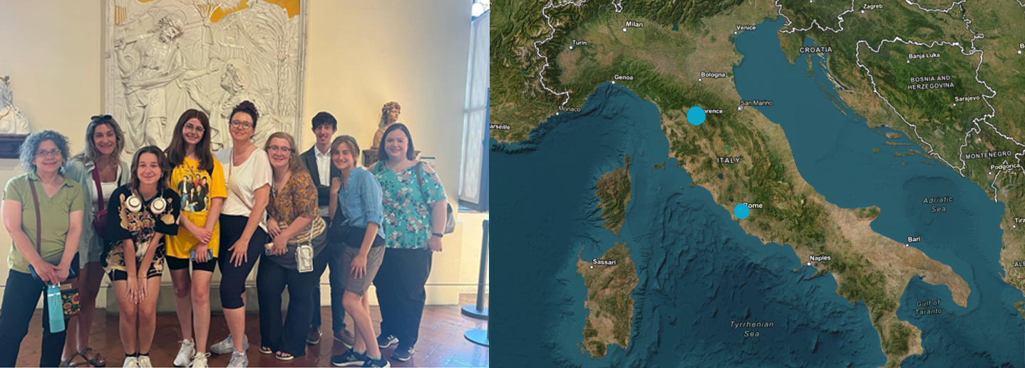 Photo of a group of people in a museum next to a map of Italy marked where students visited.