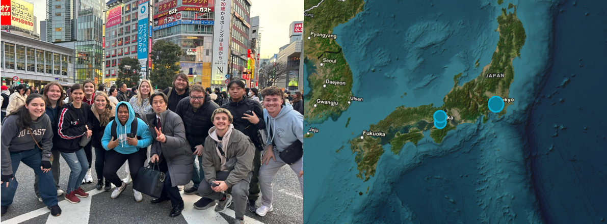 A photo of students exploring Tokyo, Japan, next to a map of Japan with places students visited marked.