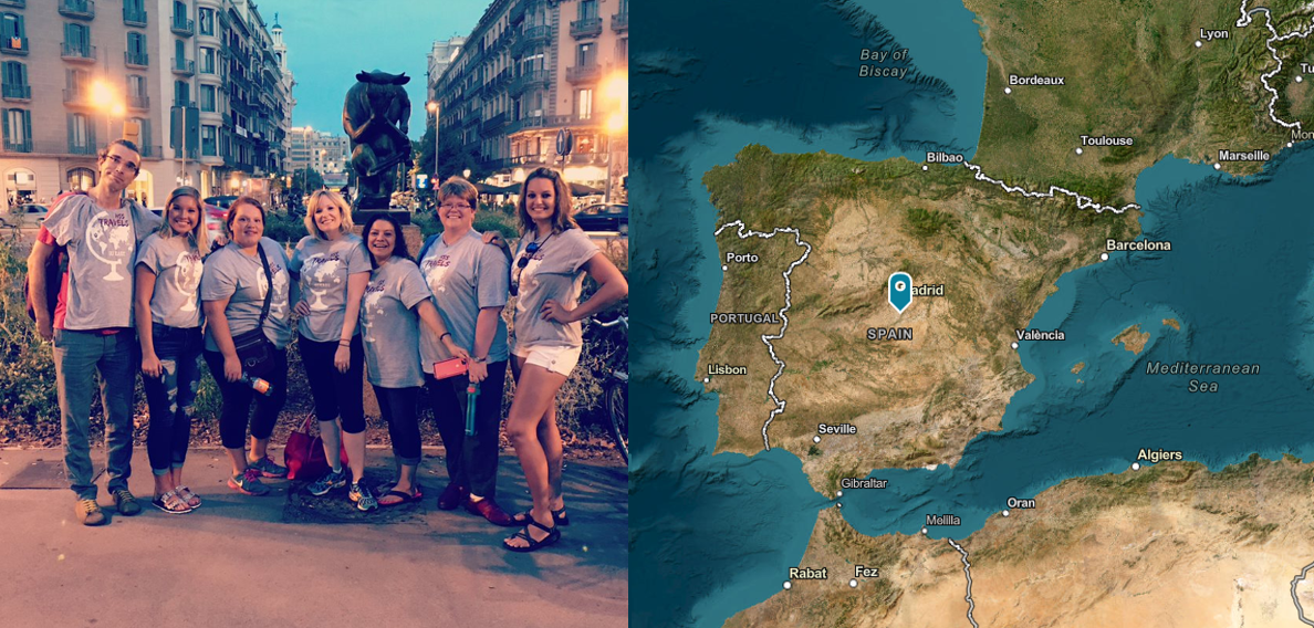 Photo of a group of people posing in front of a fountain next to a photo of a map of Spain.