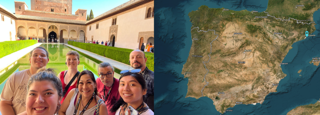 Photo of students and professors in Spain next to a map of Spain.