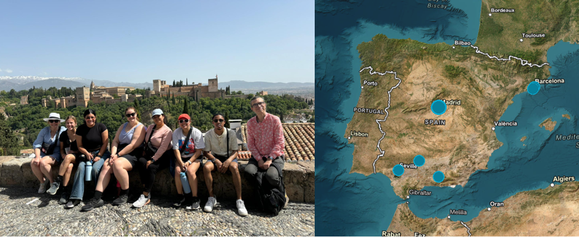 A photo of a group of students posing in Spain next to a map of Spain with places students visited marked.