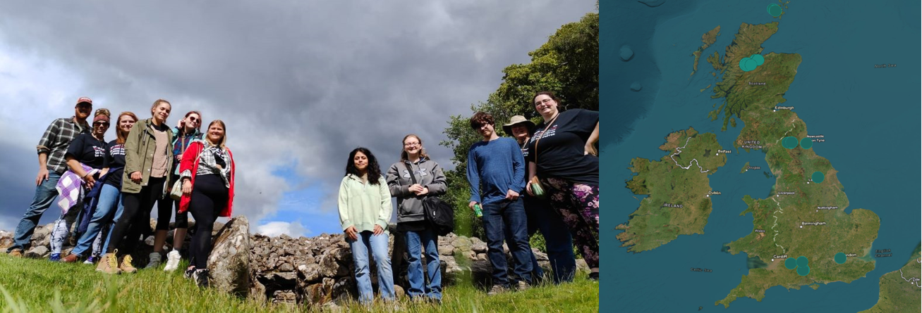 Image of two still images; one photo of a group of people posing in front of Ancient Scottish ruins and one photo of a map of the U.K. with dots to mark where students visited.