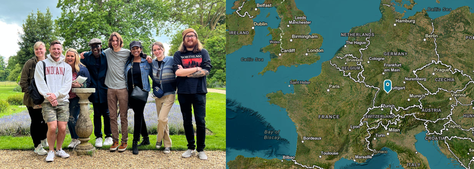 Photo of a group of people posing outdoors next to a map of Europe.