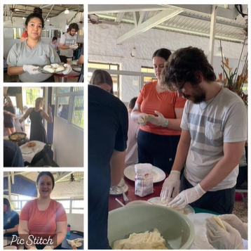 A collage of four photos of people cooking.