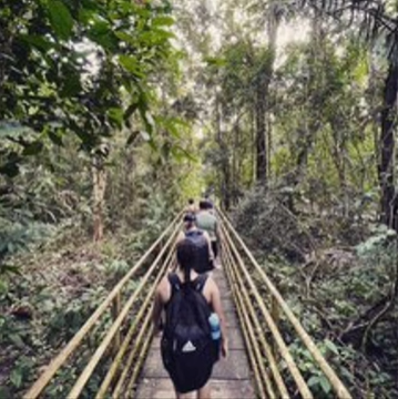 A photo of a group of people walking across a bridge in nature.