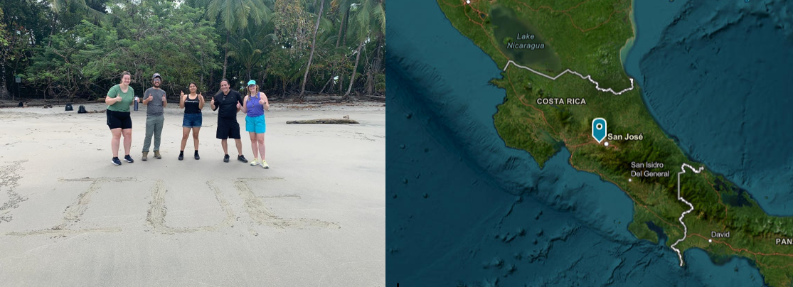 Two still images; one map of Costa Rica and one photo of a group of people on a beach posing for a photo.