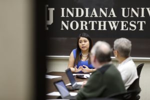 A meeting on the Indiana University Northwest campus.